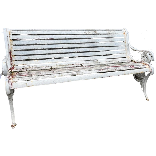 1398 - A late 19th Century cast iron Bench, with scroll arm rests and with slatted wooden seat and back. (1... 