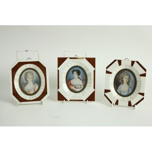 120 - Three similar oval miniature Portraits, 20th Century, each depicting An Elegant Lady, in faux ivory ... 