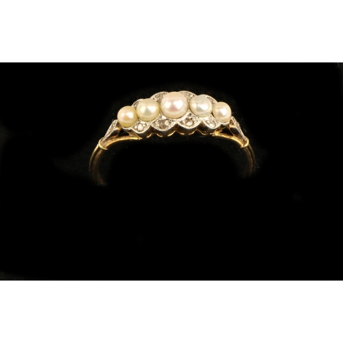 167 - An 18ct gold Ring, with five graduating pearls, set with .1ct of diamond chips, size L 1/2. (1)... 