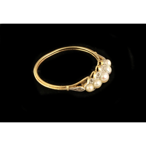 167 - An 18ct gold Ring, with five graduating pearls, set with .1ct of diamond chips, size L 1/2. (1)... 