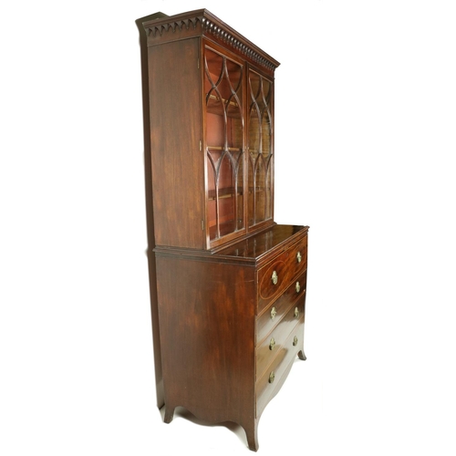 457 - A very good quality inlaid mahogany Secretaire Bookcase, the pediment moulded with a series of arche... 