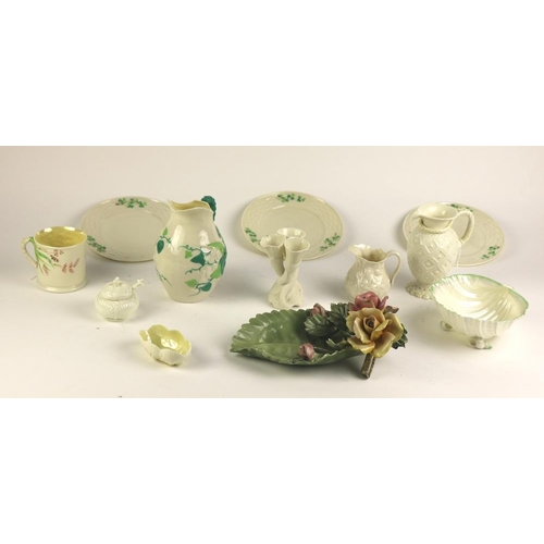 762 - A collection of Belleek Ware, include a First Period rope handled Jug, a First Period shell shaped S... 