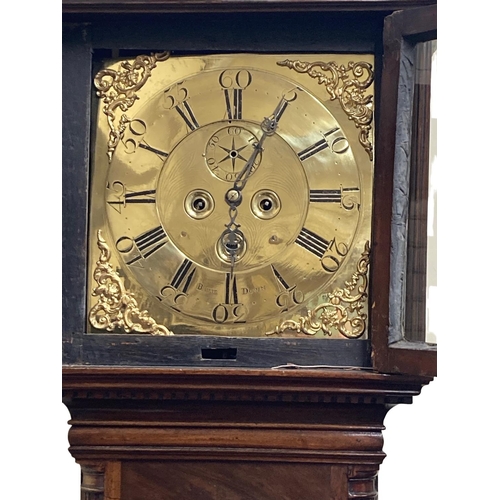 886 - A fine quality Irish Georgian period Provincial Grandfather Clock, the ornate hood with dentil mould... 