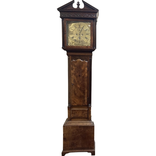 886 - A fine quality Irish Georgian period Provincial Grandfather Clock, the ornate hood with dentil mould... 