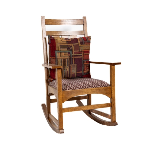 1097 - A Harvey Ellis oak Stickley Rocking Chair, 89-254-5, with stamps and badge, Jan. 26th, 2004, with ra... 