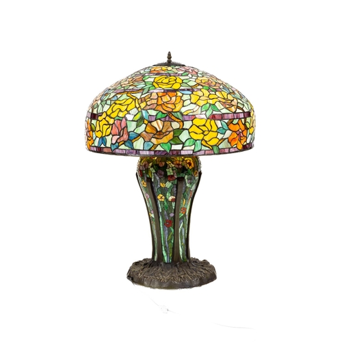 1102 - A very attractive large Tiffany style bronzed and stained glass Table Lamp, with colourful mushroom ... 