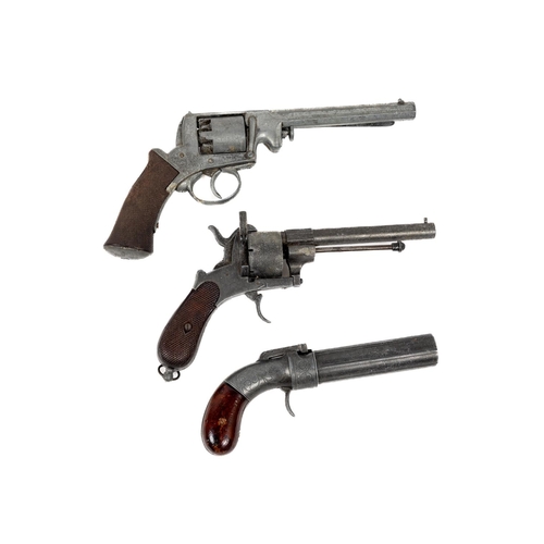 335 - Militaria: A replica Pepper Shaker Percussion Hand Gun, and two Replica American style six shooters,... 