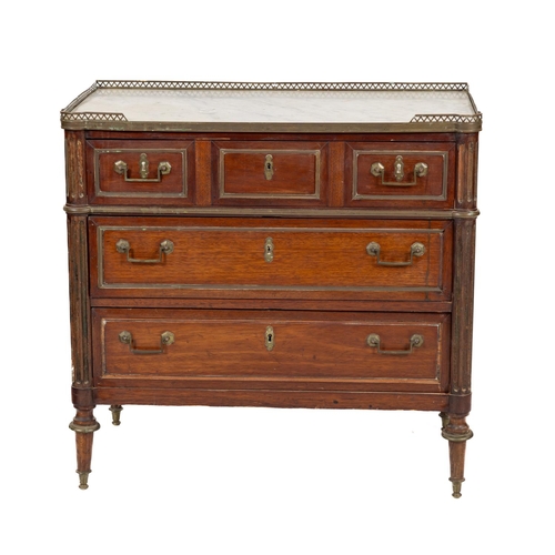 578 - A 19th Century French Commode Chest, the white marble top with pierced brass gallery over three long... 