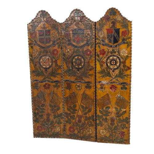 622 - A Triptych composed of leather over wooden boards,each panel is decorated with:1. National Emblems: ... 