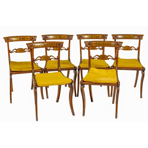 651 - A set of fine quality Regency rosewood Dining Chairs, the ornate open backs with brass inlay and car... 