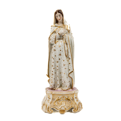 814 - A Continental porcleian Figure of the Madonna in white long shawl with gilt highlights on shaped bas... 