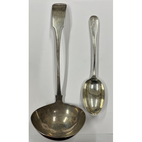 9 - A Georgian period Irish silver Soup Ladle, by Matthew West, Dublin, with etched crest handle, approx... 