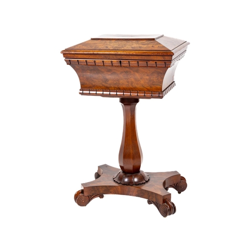 935 - A fine quality William IV Irish mahogany Tea Caddy, on stand, the sarcophagus top with slanted panel... 