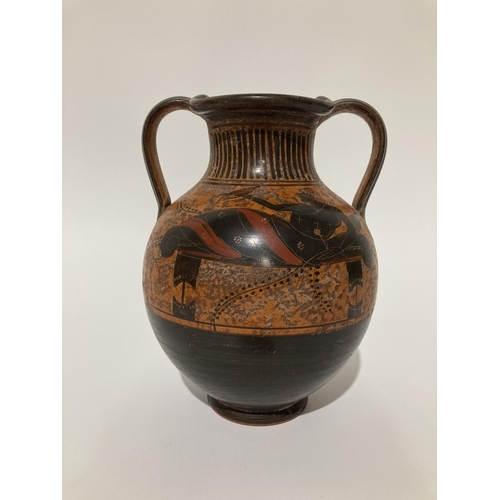 606 - A fine Ancient Greek style terracotta Amphora Vase, with two handles, decorated with a reclining mal... 