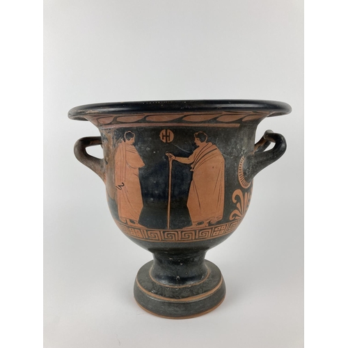 607 - A very fine classical Greek style terracotta two handled Vase, decorated with classical figures abov... 