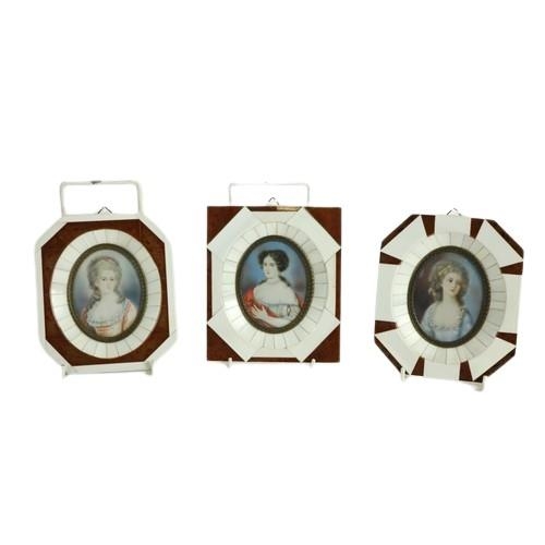 120 - Three similar oval miniature Portraits, 20th Century, each depicting An Elegant Lady, in faux ivory ... 