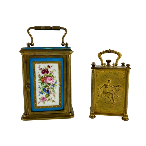 153 - An attractive 19th Century ormolu cased French Carriage Clock, the face with painted dial decorated ... 