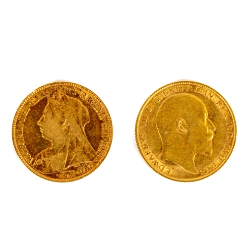 209 - Gold Coins:  An 1896 half-Sovereign (gold), Queen Victoria (some wear); a 1908 half-Sovereign (... 