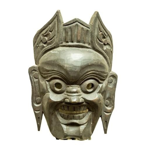 246 - A good carved wooden African Tribal Mask, with hairy whiskers and oval face with copper inset eyes, ... 