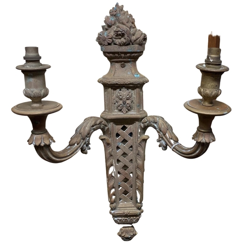 548 - A pair of Louis XVI style French bronze Wall Lights, with twin branches issuing from a trellis pierc... 