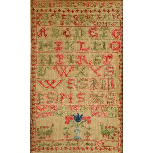 755 - A 19th Century Needlework Sampler, worked with letters, numbers, by Ellen Sailer, aged 7, 1803, 41ms... 