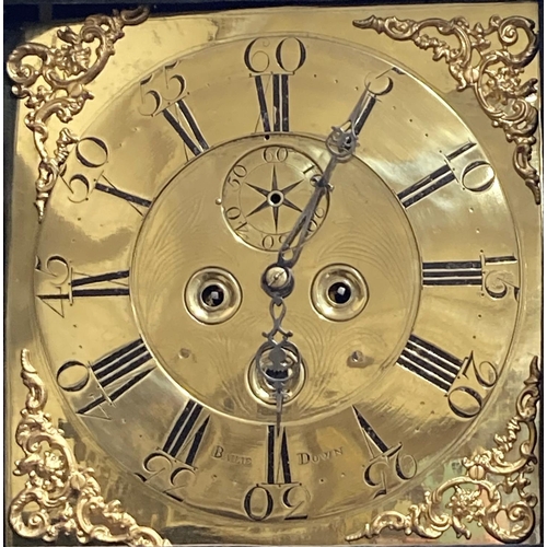 938 - A very fine Irish brass mounted Longcase Clock, the shaped cornice above a square brass dial, Signed... 