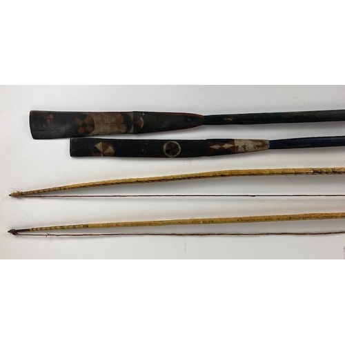 236 - Two wooden Hunting Long Bows, each with plaited or basket weave cover, probably Solomon Islands, 142... 