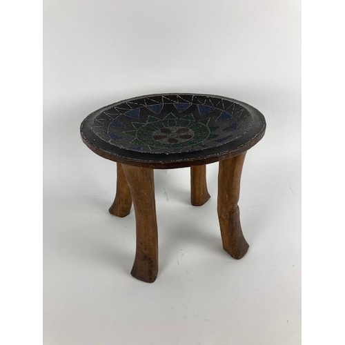 252 - A good East African Kamba Stool, Kenya, the circular concave seat with polychrome bead decoration, r... 