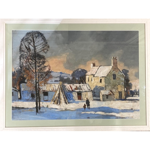 537 - John Skelton 1925-2009'Winter Landscape with roadside farmhouse and two figures,' O.O.B., Signe... 