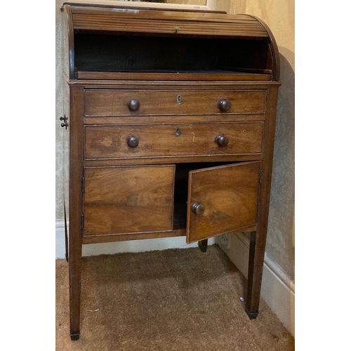 594 - A mahogany tambour top Desk, George III and later, with pull out writing surface and two frieze draw... 