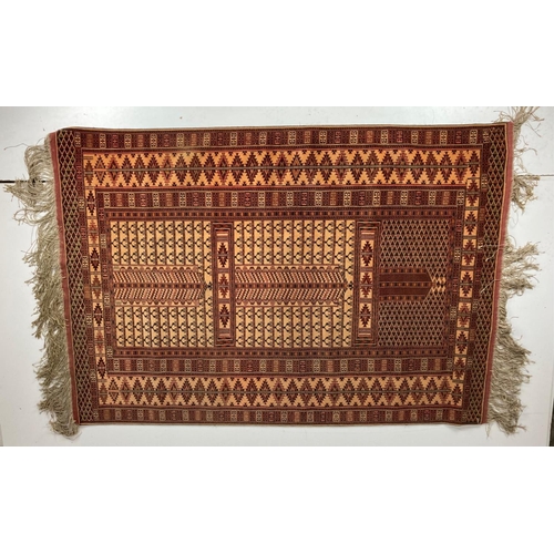 732 - A large Turkoman Prayer Rug, silk and wool with intricate geometric pattern in iron red and cream, 1... 