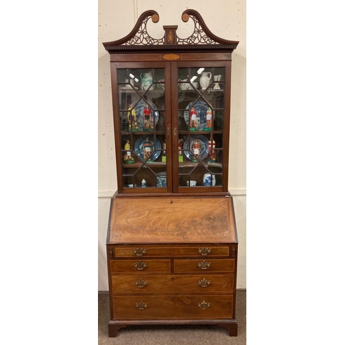 742 - A good George III period inlaid mahogany Bureau Bookcase, the open work swan neck pediment with two ... 