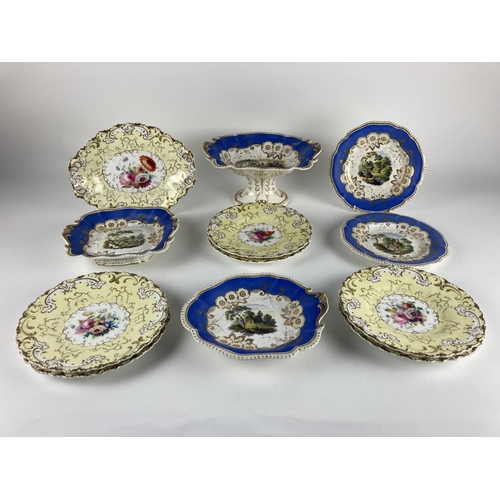 797 - A colourful English porcelain yellow and white ground floral part Dessert Service, comprising 6 Plat... 