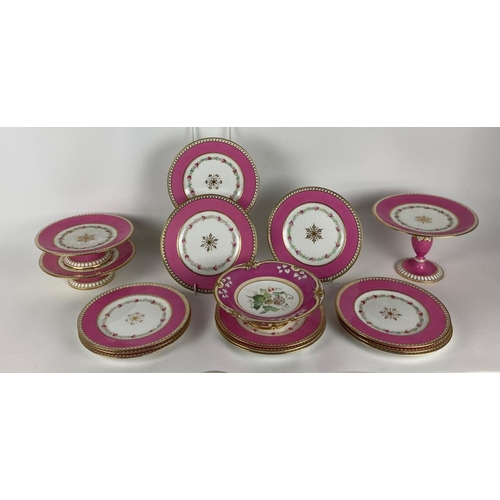 804 - A 15 piece colourful Spode porcelain Dessert Service, in pink and white with hand painted bands of r... 