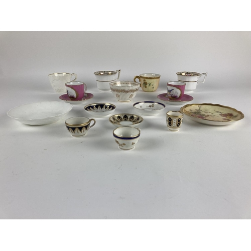 820 - A good Royal Worcester floral Cup and Saucer, three similar miniature Derby Cups and Saucers, a pair... 