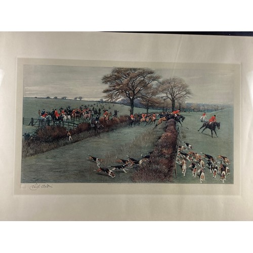 562 - Cecil Aldin, British (1870-1935)'South Berks Hunt,' coloured print, atmospheric hunting scene with m... 