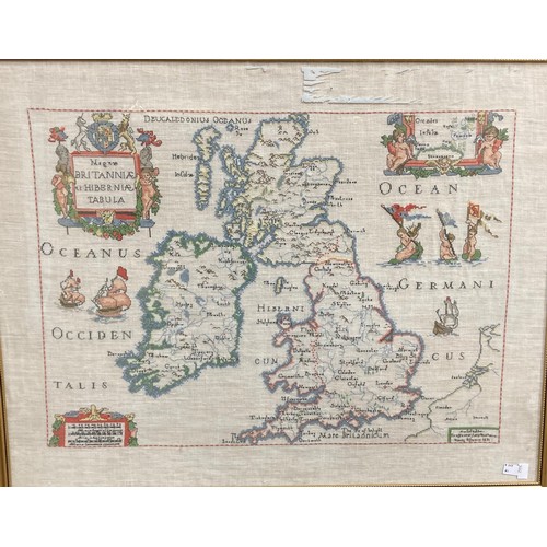 623 - Map:  [Hondius (H.)] A colourful depiction of Magnae Britanniae Hiberniae Tabula, embroidered, appro... 