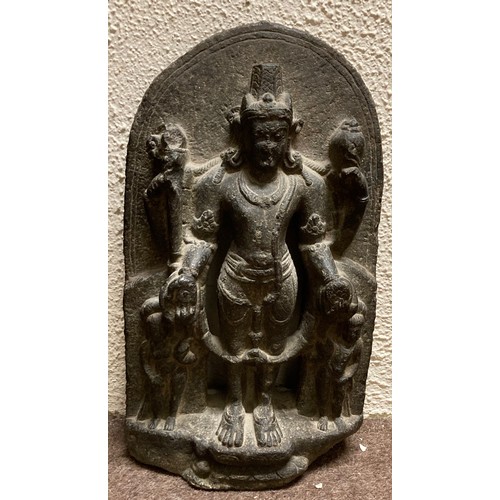 279 - A fine heavy early arch top carved stone Hindu Panel, of the God Vishnu in his Emanation as Narayan ... 