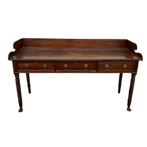 899 - A William IV Nelson type mahogany Serving Table, the gallery back with scroll side over a rope edge,... 