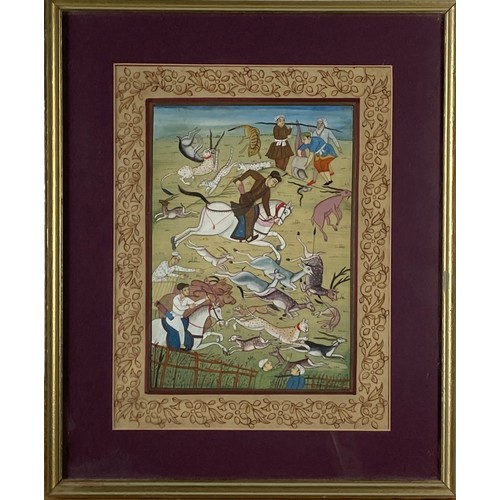 934 - An attractive set of 4 Indian gouache Paintings, depicting various scenes, deer hunting, noble figur... 