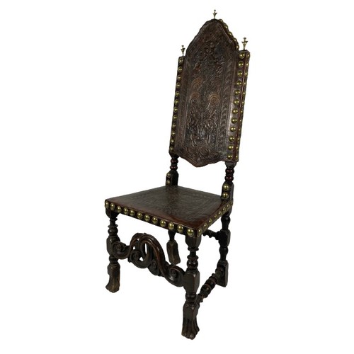 1053 - A 17th Century oak tall back leather and brass studded Chair. 