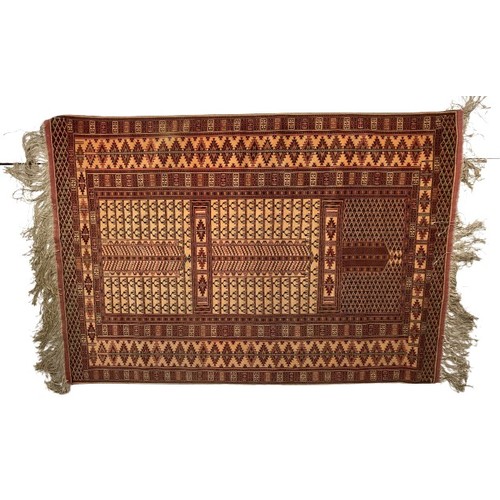 732 - A large Turkoman Prayer Rug, silk and wool with intricate geometric pattern in iron red and cream, 1... 