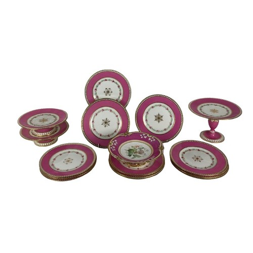 804 - A 15 piece colourful Spode porcelain Dessert Service, in pink and white with hand painted bands of r... 