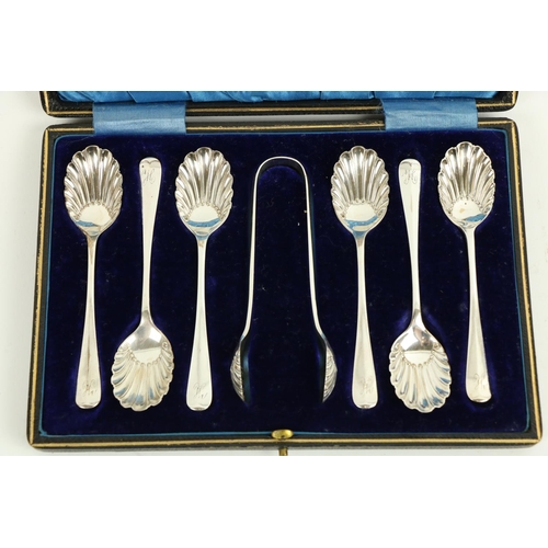 19 - A cased set of 6 shell Coffee Spoons and matching Sugar Tongs, Sheffield 1903; A cased set of 12 Vic... 