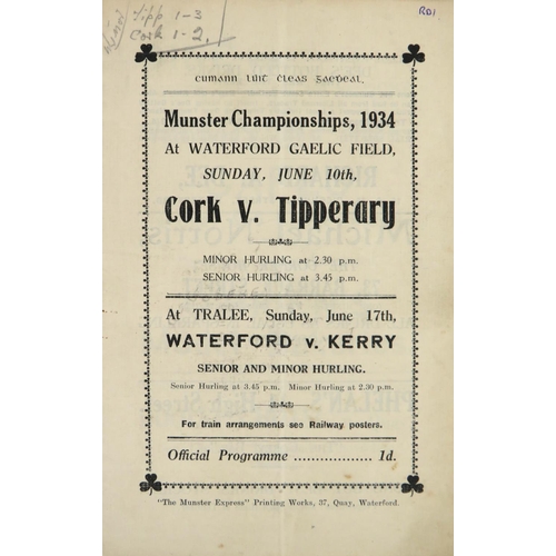 1036 - G.A.A.:  [Munster] Hurling 1934, Official Programme, Cork v. Tipperary at Waterford Gaelic Field, Su... 