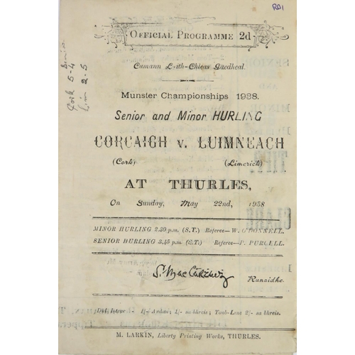 1037 - G.A.A.: Munster [Hurling 1938] Official Programme, Cork v. Limerick at Thurles 22nd May, 1938, 8vo, ... 