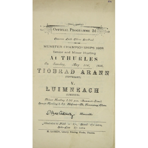 1038 - G.A.A.: Munster [Hurling 1939] Official Programme, Tipperary v. Limerick, 21st May 1939 at Thurles, ... 