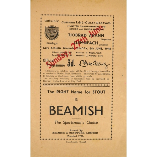 1039 - G.A.A.:  Munster, (Hurling 1948) Official Match Programme for Tipperary v. Limerick 6.6.1948, at Cor... 