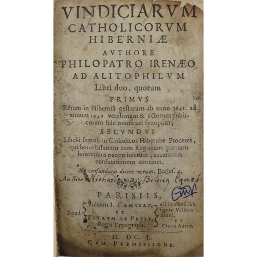 126 - [Mac Callaghan (John)] Vindiciarum Catholicorum Hiberniae, 12mo Paris 1650. First Edn., title re-lin... 