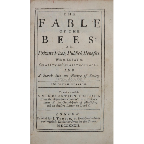 144 - [Mandeville] The Fable of The Bees: or Private Vices, Public Benefits. With An Essay on Charity and ... 